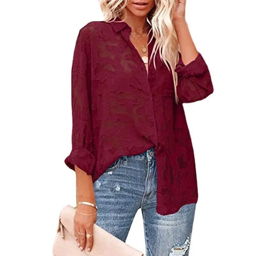 Mesh See Through Long Sleeve White Shirts Women Streetwear Flower