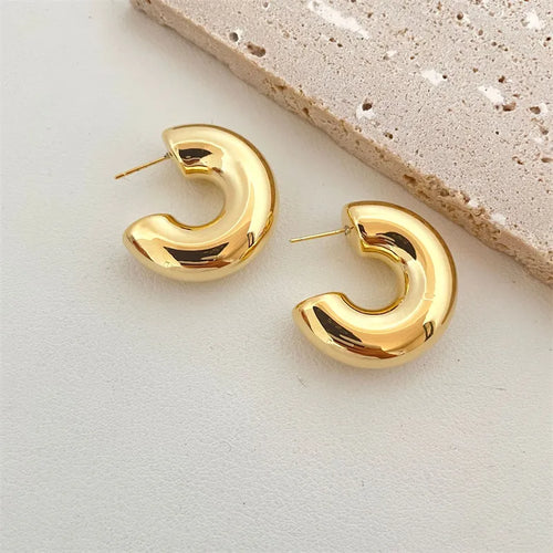 Vintage Gold Color Plated Chunky Dome Drop Earrings for Women Glossy