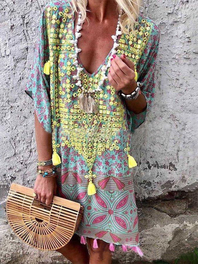 Bohemian V-neck print dress