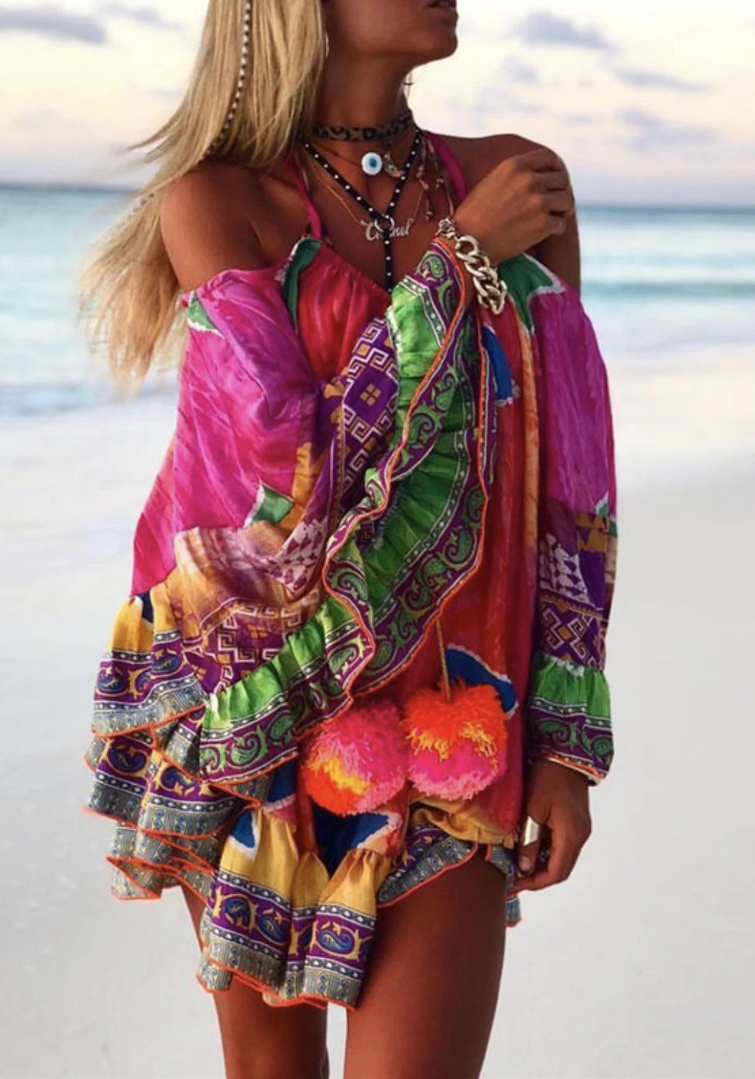 Colorful off-the-shoulder beach skirt