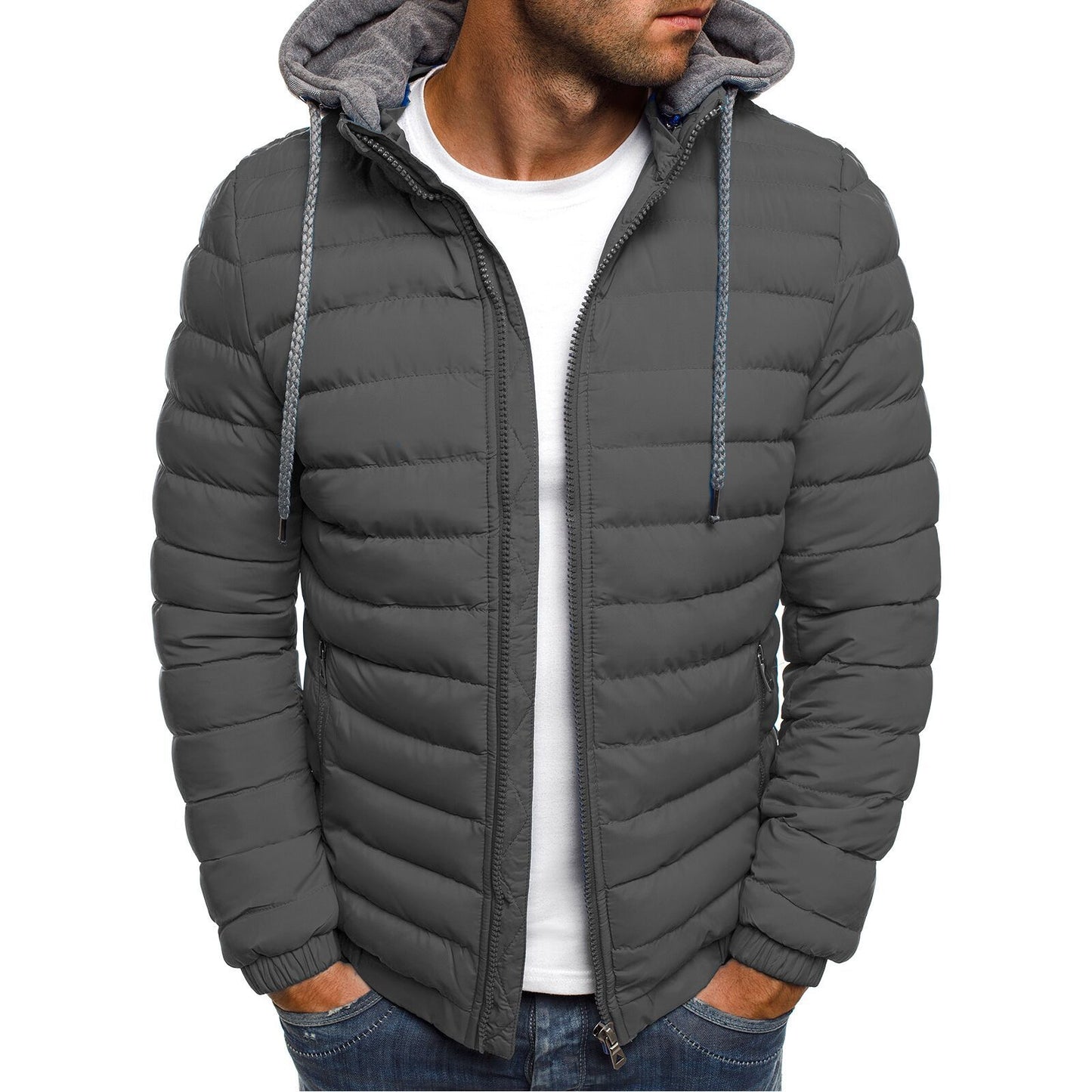 Stand-Up Collar Padded Jacket Outdoor Hooded Striped Men'S Cotton Padded Jacket