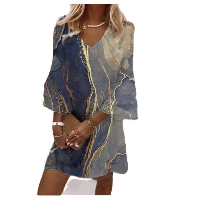 Fashion Print V-Neck Ruffle Gold Marble Dress