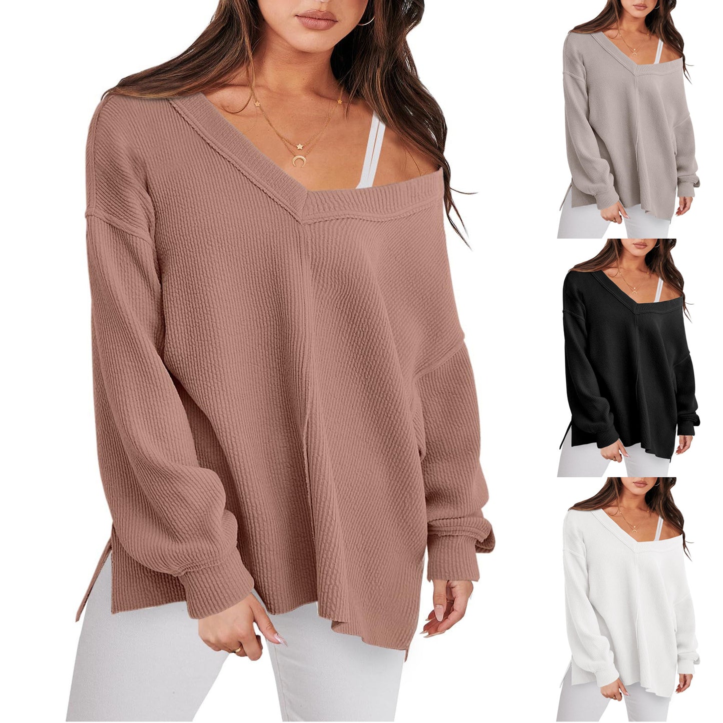 Fashion Lightweight V-neck Sweaters Women Winter Casual Long Sleeve Ribbed Knit Side Slit Pullover Top