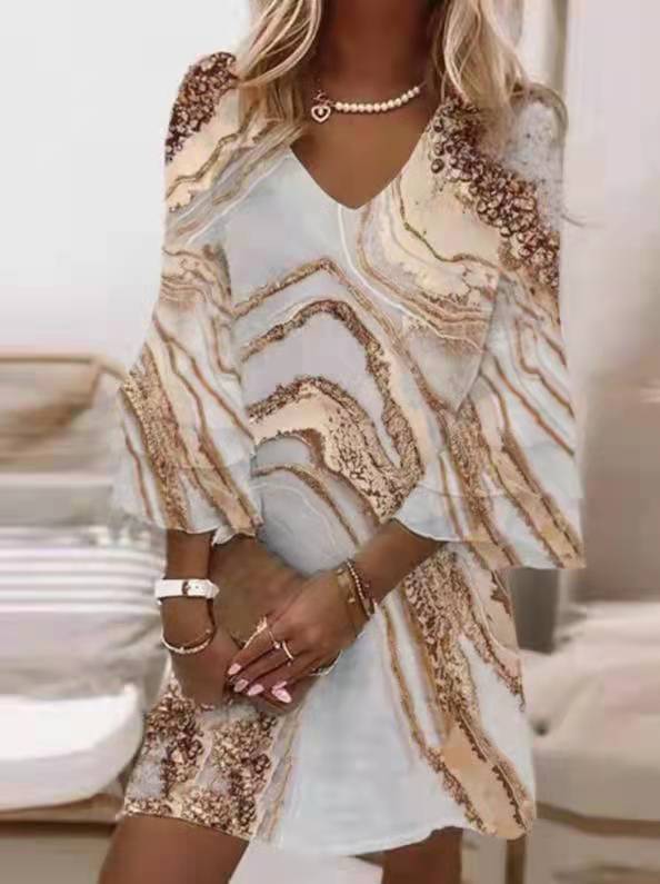 Fashion Print V-Neck Ruffle Gold Marble Dress