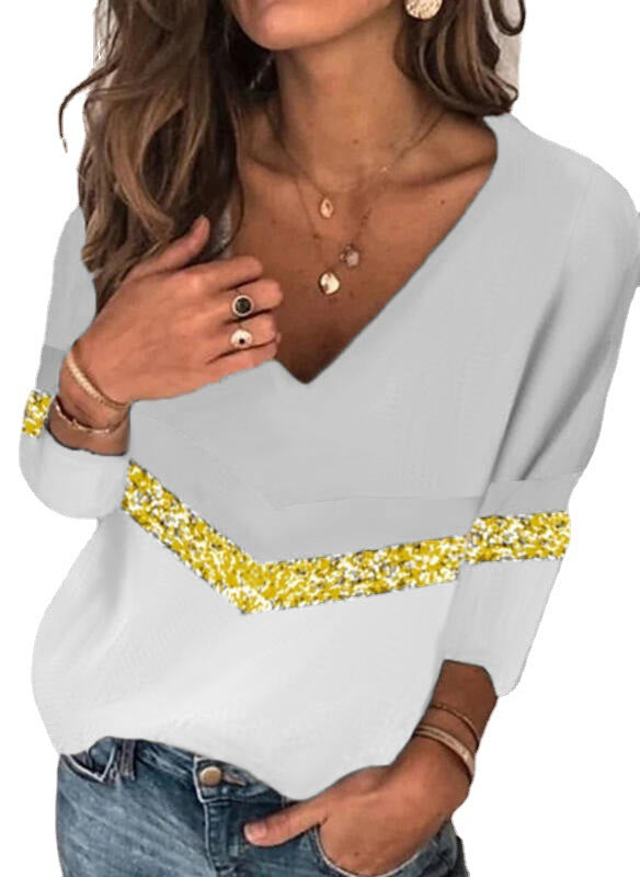 Loose Pullover Print Temperament Commuter Long Sleeved V Neck T Shirt Women