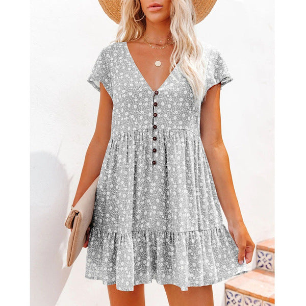 V-Neck Button Small Floral Short Sleeve Loose Casual Dress