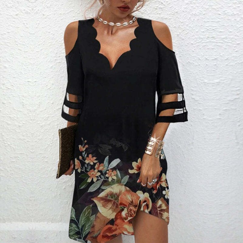 V-neck Short Sleeve Lace Patchwork Casual Loose Floral Print Mini Skirt