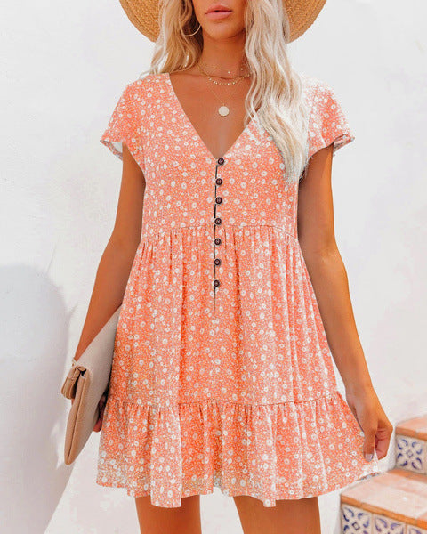 V-Neck Button Small Floral Short Sleeve Loose Casual Dress