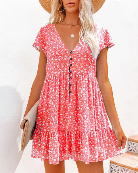 V-Neck Button Small Floral Short Sleeve Loose Casual Dress