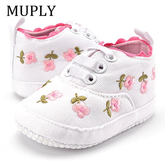 Baby Girl Shoes White Lace Floral Embroidered Soft Shoes Prewalker