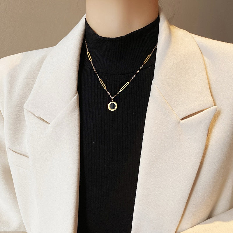 Classic Fashion Stainless Steel Roman Digital Wafer Pendant Necklace