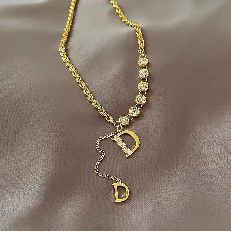 Design Sense Micro Setting Zircon D Letter Pendant Long Necklace