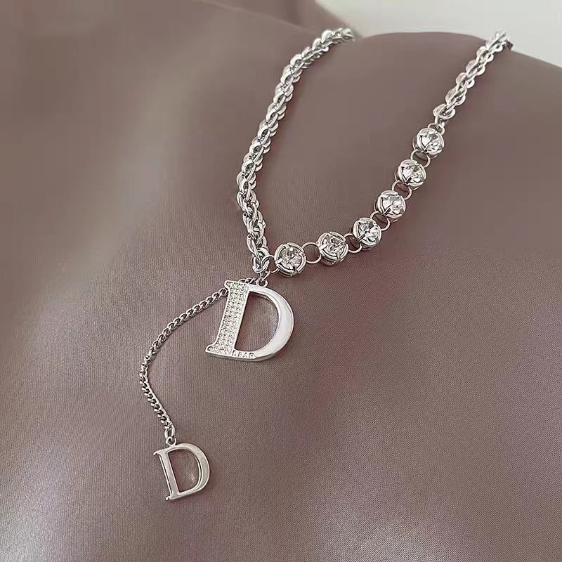 Design Sense Micro Setting Zircon D Letter Pendant Long Necklace