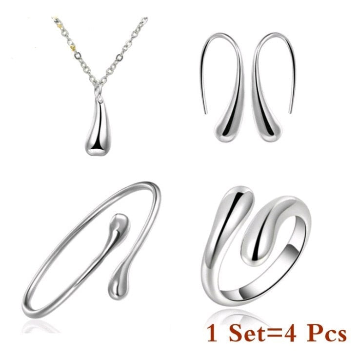 Fashion S925 Silver Needle Earrings Ring Bracelet Set Simple