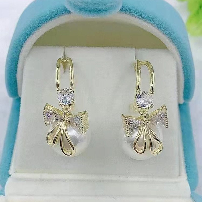 Fashion Trend Crystal Zircon Bow Pendant Earrings For Women Party Girl