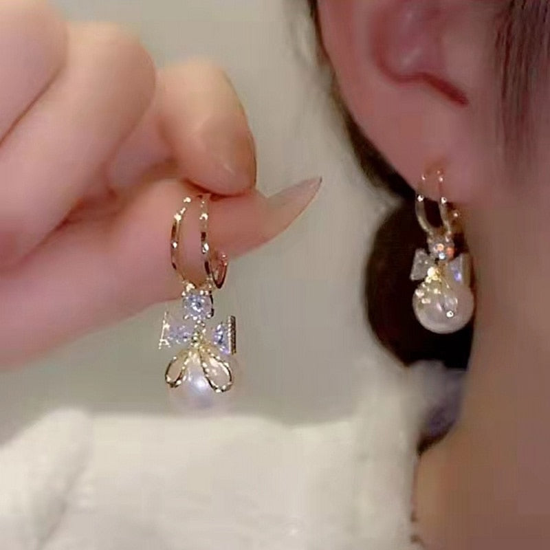 Fashion Trend Crystal Zircon Bow Pendant Earrings For Women Party Girl