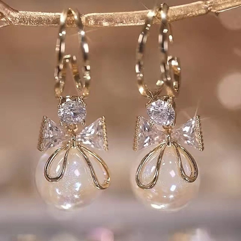 Fashion Trend Crystal Zircon Bow Pendant Earrings For Women Party Girl