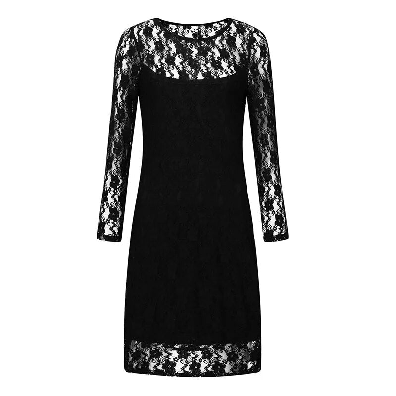 Sexy Lace Wrap Hip Office Dresses Autumn Black Lace Embroidery Slim