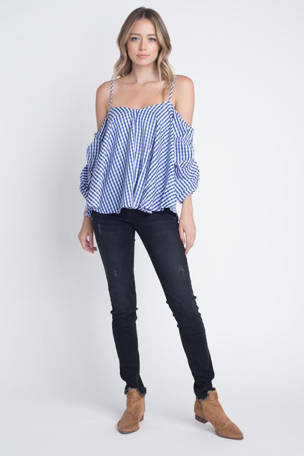 Women's Cold Shoulder Checkered Top