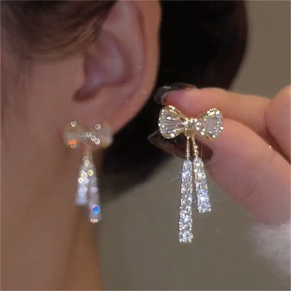 Korean Trendy Bow Crystal Drop Earrings For Women 2022 Luxury