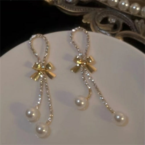 Korean Trendy Bow Crystal Drop Earrings For Women 2022 Luxury