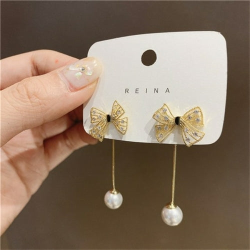 Korean Trendy Bow Crystal Drop Earrings For Women 2022 Luxury