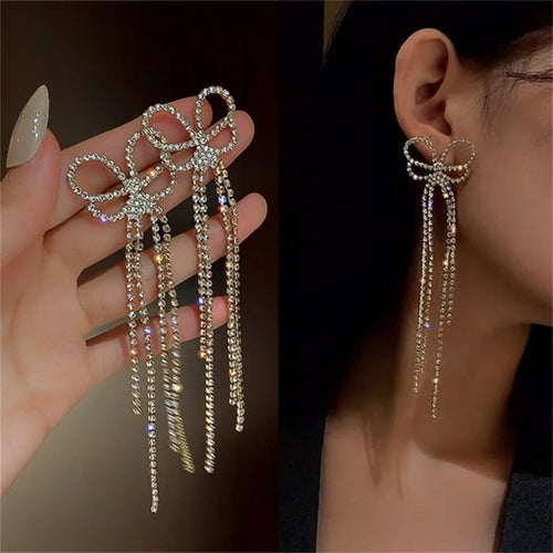 Korean Trendy Bow Crystal Drop Earrings For Women 2022 Luxury