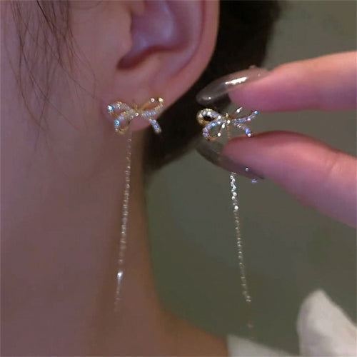 Korean Trendy Bow Crystal Drop Earrings For Women 2022 Luxury