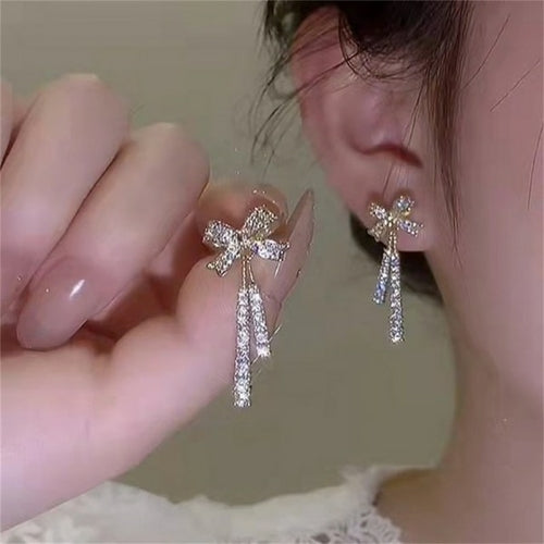 Korean Trendy Bow Crystal Drop Earrings For Women 2022 Luxury