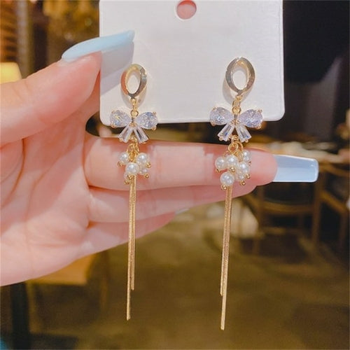 Korean Trendy Bow Crystal Drop Earrings For Women 2022 Luxury