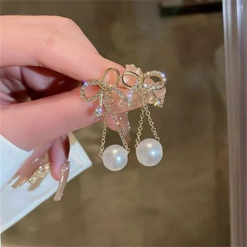 Korean Trendy Bow Crystal Drop Earrings For Women 2022 Luxury