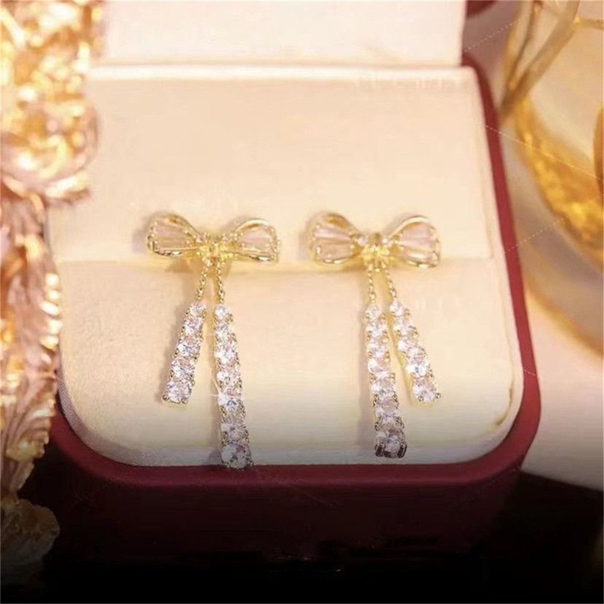 Korean Trendy Bow Crystal Drop Earrings For Women 2022 Luxury