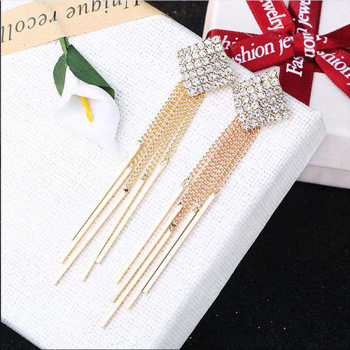 New Luxury Brand Long Tassel Drop Earrings Women Crystal Chain Fashion