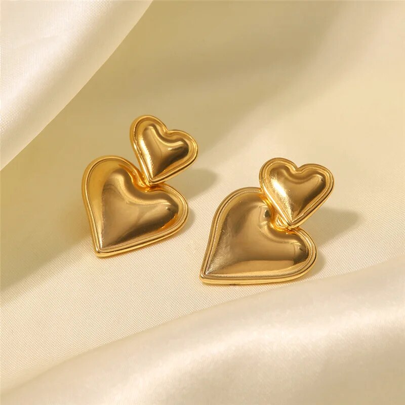 Luxury Trendy Double Heart Shaped Earrings Gold Plated Smooth Metal