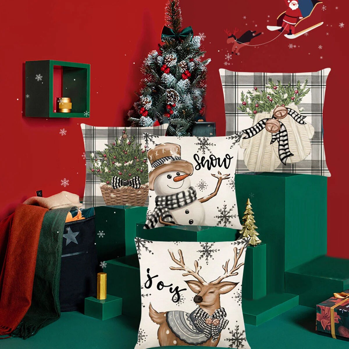 2023 Christmas Pillowcase Set of 4 Cartoon Elk Snowflake Xmas Holiday