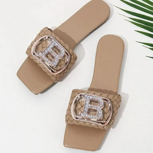 Women Luxury Decor Weave Design Flat Sandals Fashion Open-toe Vacation