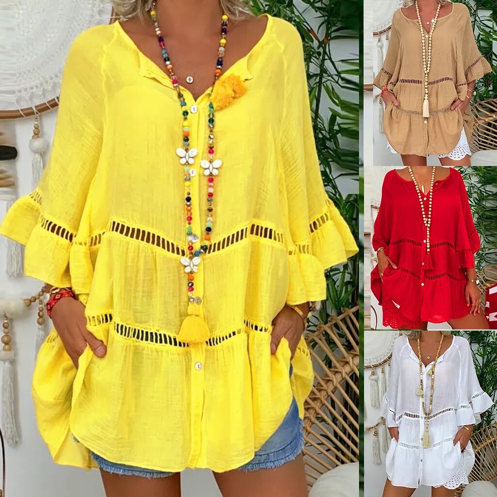 Yellow Summer Fall Cotton Linen Dresses for Women 3/4 Sleeve V-neck