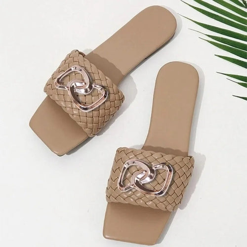 Women Luxury Decor Weave Design Flat Sandals Fashion Open-toe Vacation