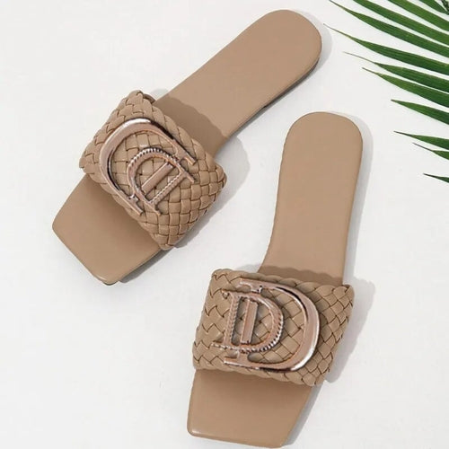 Women Luxury Decor Weave Design Flat Sandals Fashion Open-toe Vacation