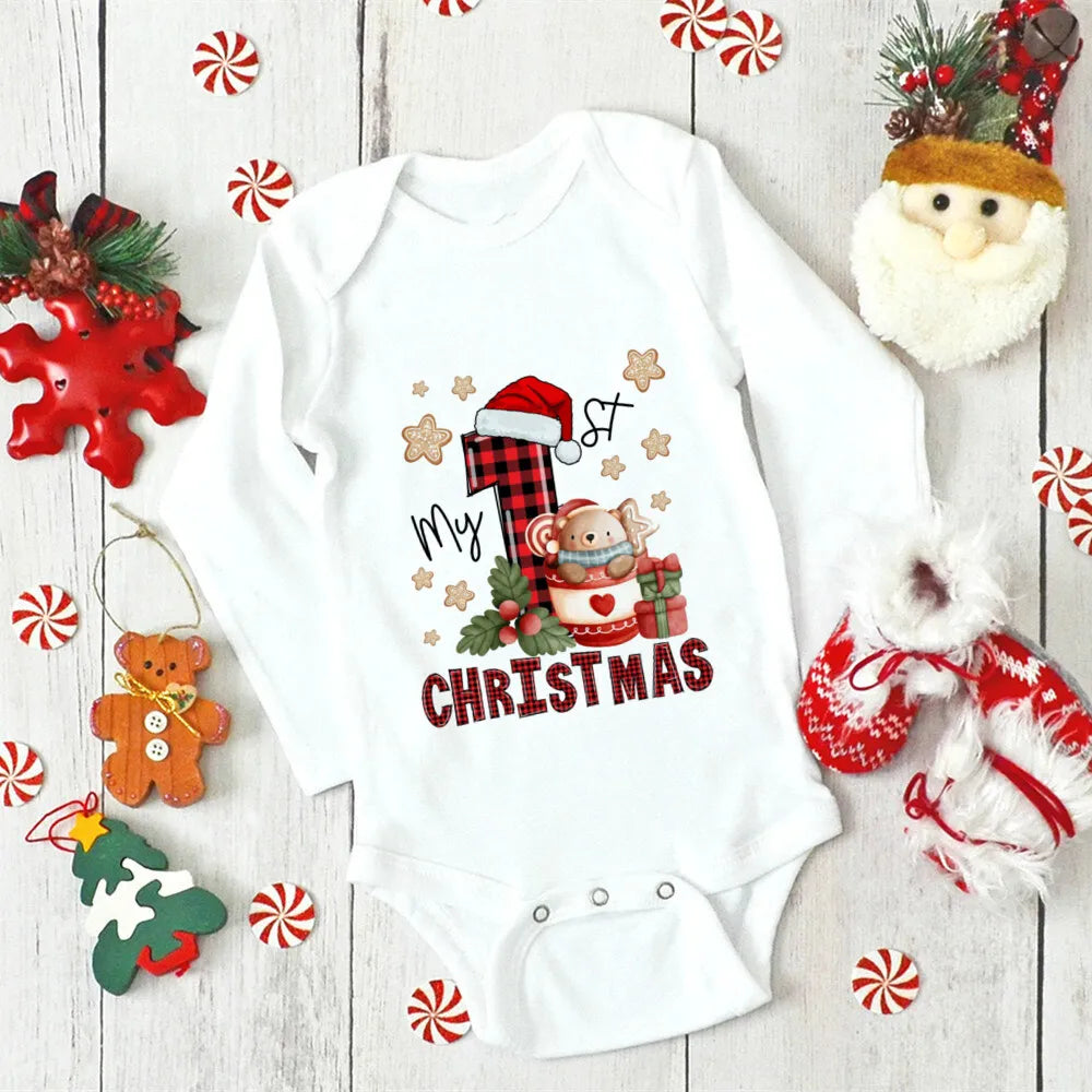 My First Christmas Newborn Baby Long Sleeve Romper Cartoon Deer Santa