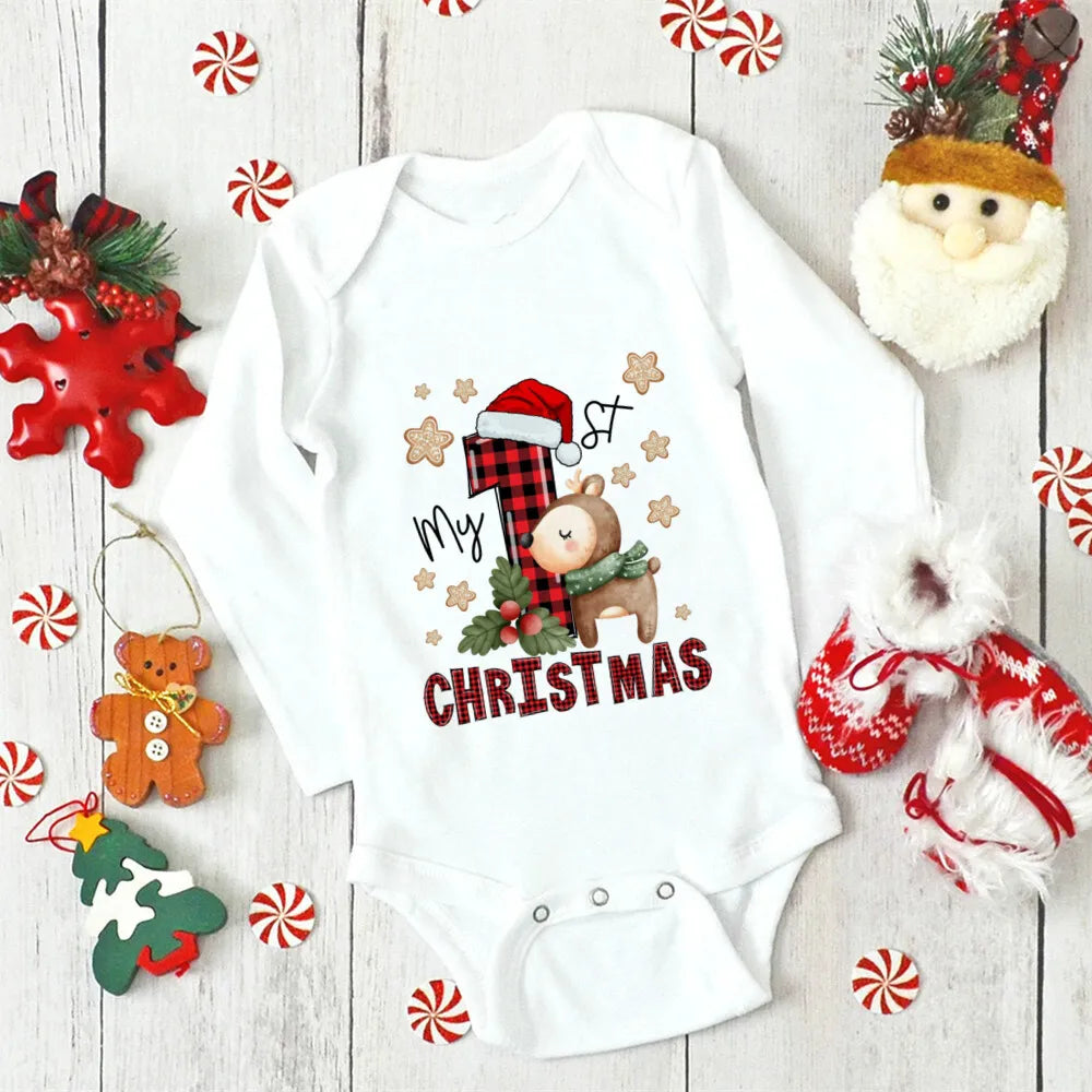 My First Christmas Newborn Baby Long Sleeve Romper Cartoon Deer Santa