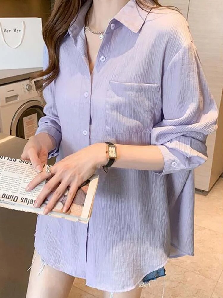 Korean Style Shirt Women Summer  Sunscreen Blouse Ladies Ice Silk