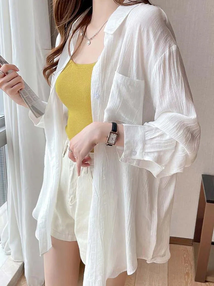 Korean Style Shirt Women Summer  Sunscreen Blouse Ladies Ice Silk