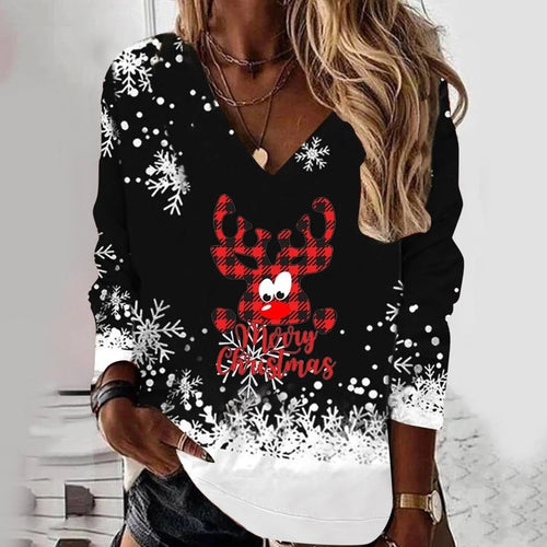 Black Sweatshirt Women Christmas Deer Sweater Long Sleeve Loose Top