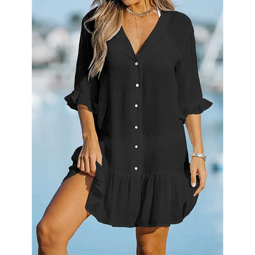 Ruffled Solid Cover Up Women Dress Solid Color Lightweight Long Sleeve