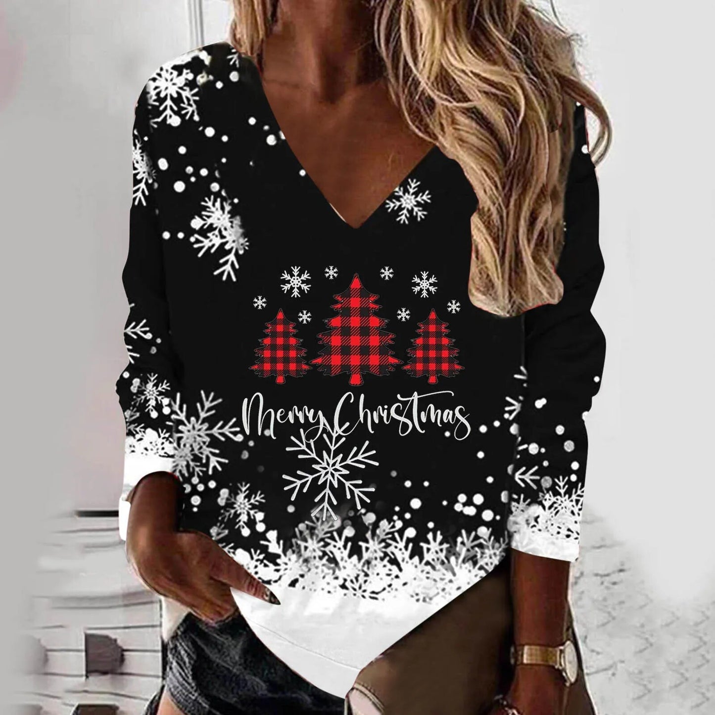 Black Sweatshirt Women Christmas Deer Sweater Long Sleeve Loose Top