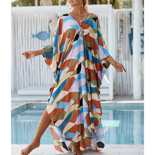 Cover up 2023 Boho Dress V neck Long Kaftan Dress for Women Beach