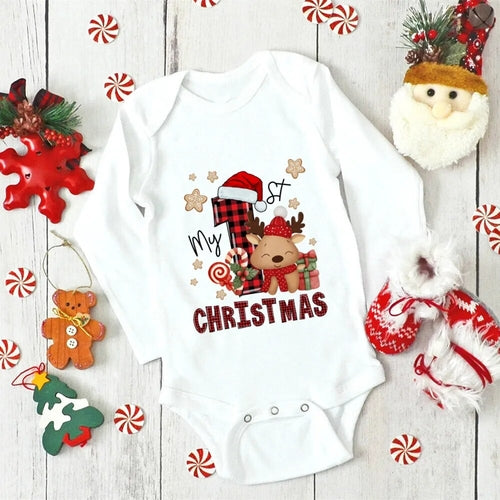 My First Christmas Newborn Baby Long Sleeve Romper Cartoon Deer Santa