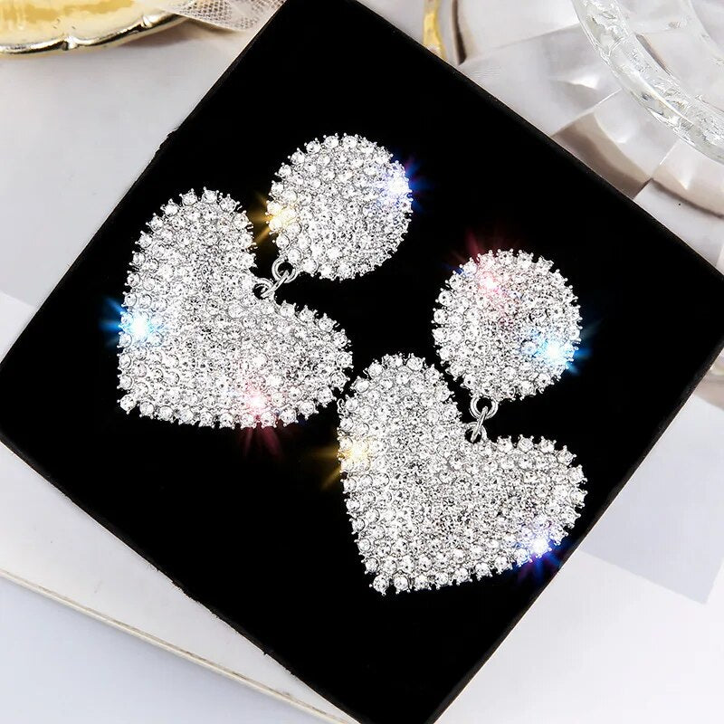 LATS New Heart Earrings Women's Luxurious Geometric Full Rhinestone