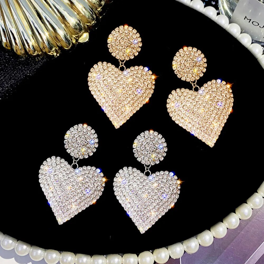 LATS New Heart Earrings Women's Luxurious Geometric Full Rhinestone